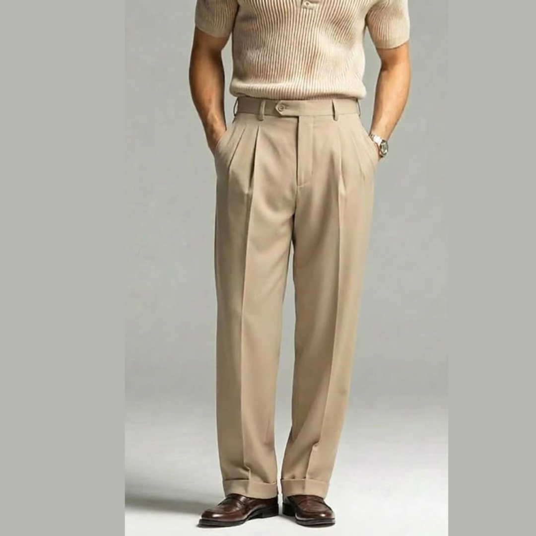 Men’s Beige Pleated Formal Trousers