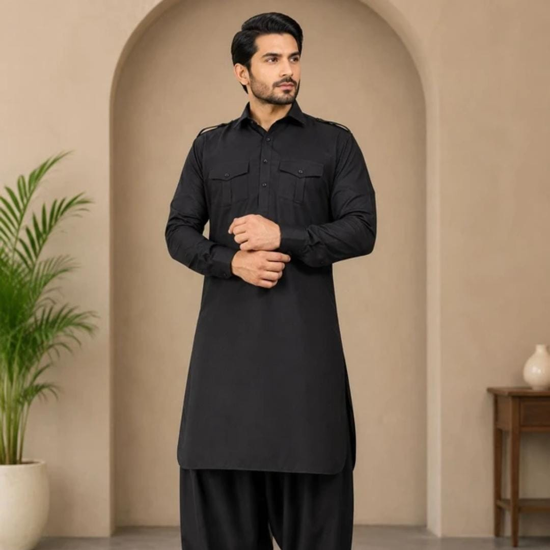Men’s Black Pathani Style Kurta Pajama Set
