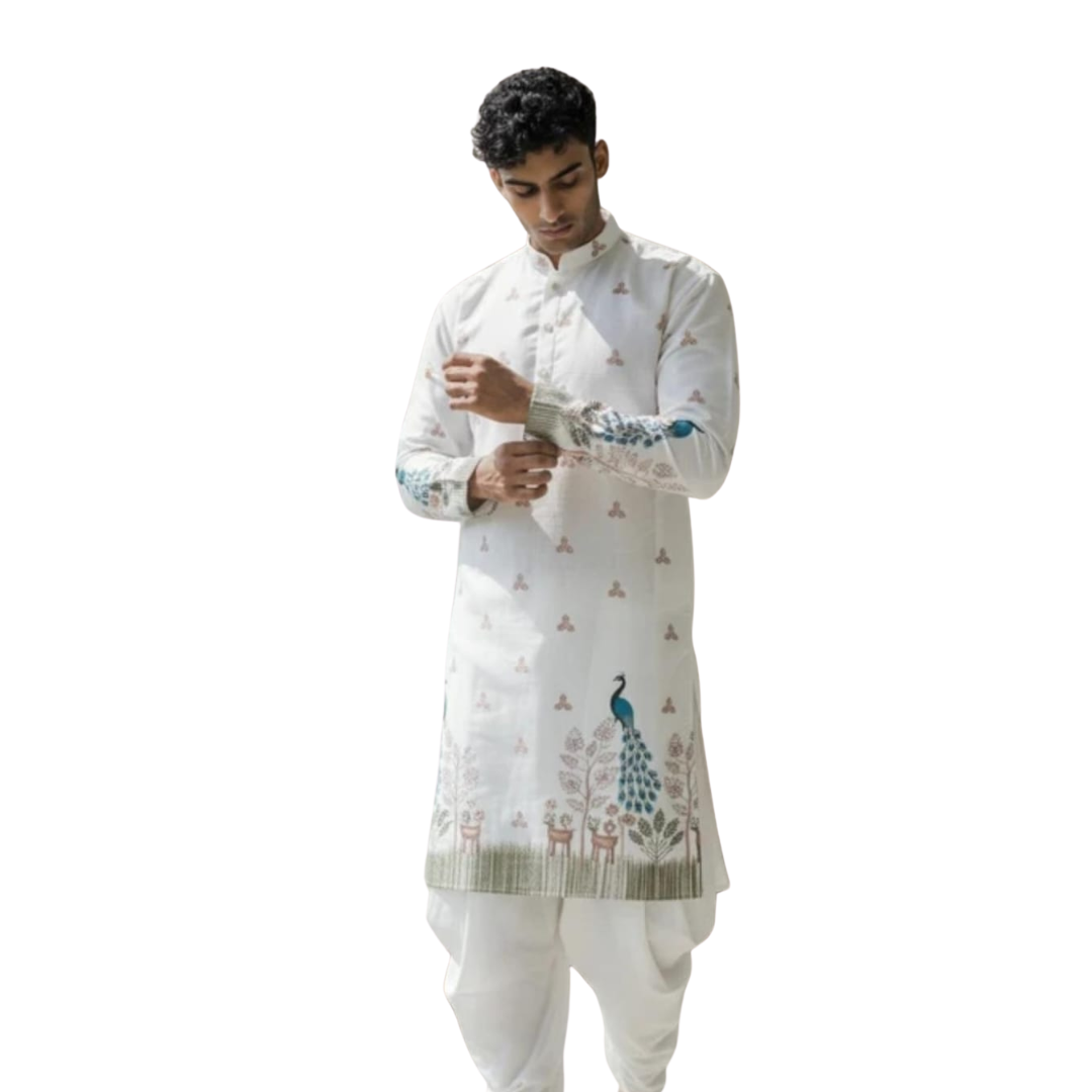 Men’s White Printed Kurta with Peacock Motif & Matching Pajama