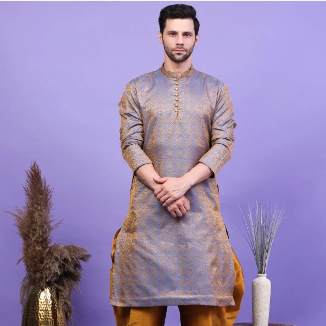 Men’s Blue & Gold Jacquard Kurta with Mustard Dhoti Pants