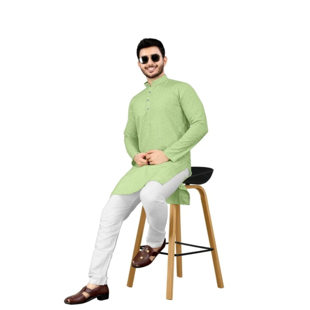 Men’s Green Textured Straight Kurta with White Trousers