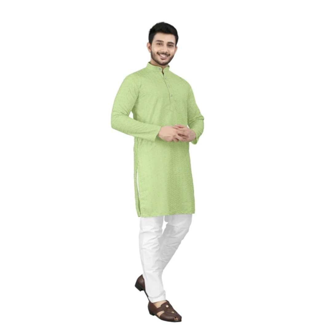 Men’s Light Green Textured Straight Kurta with White Trousers