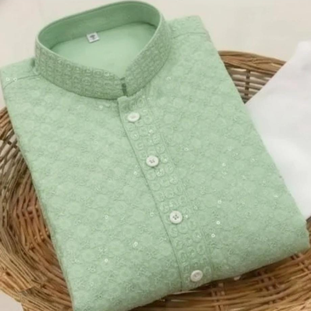 Men’s Mint Green Embroidered Textured Kurta