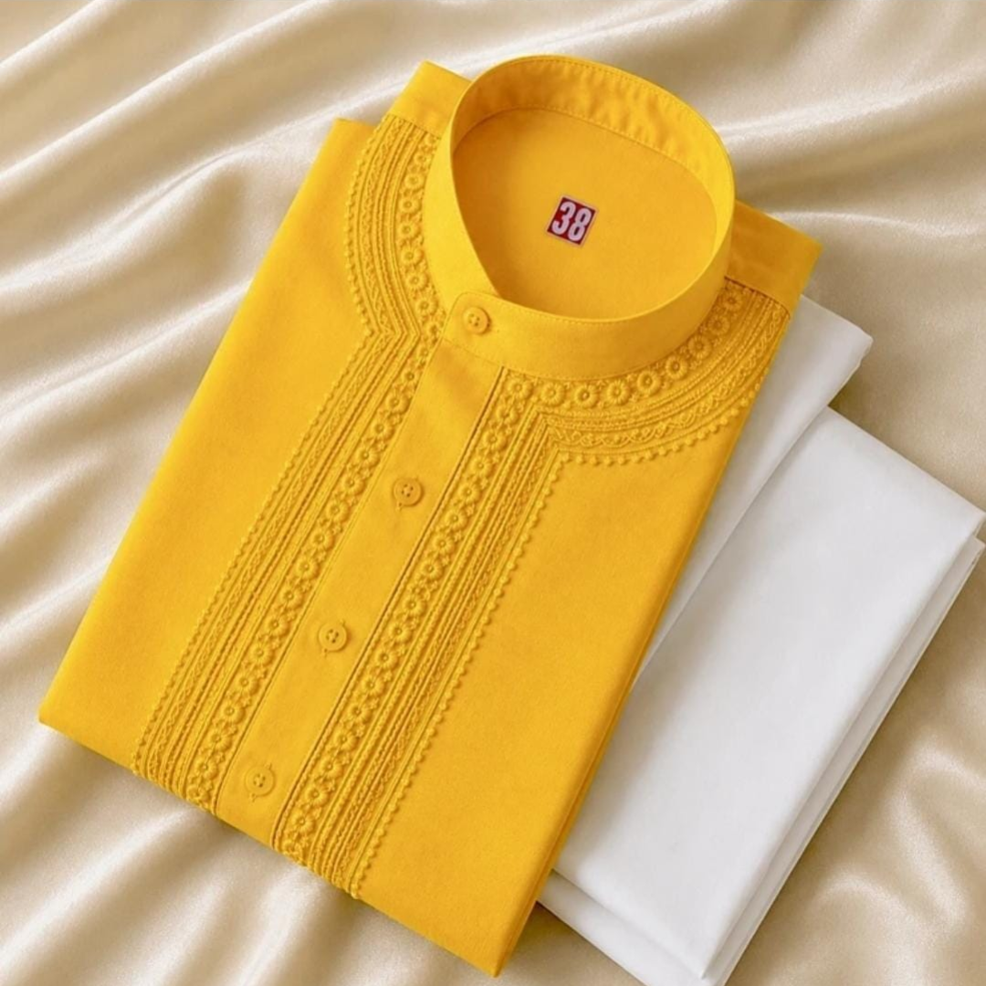 Men’s Yellow Embroidered Kurta with White Pajama