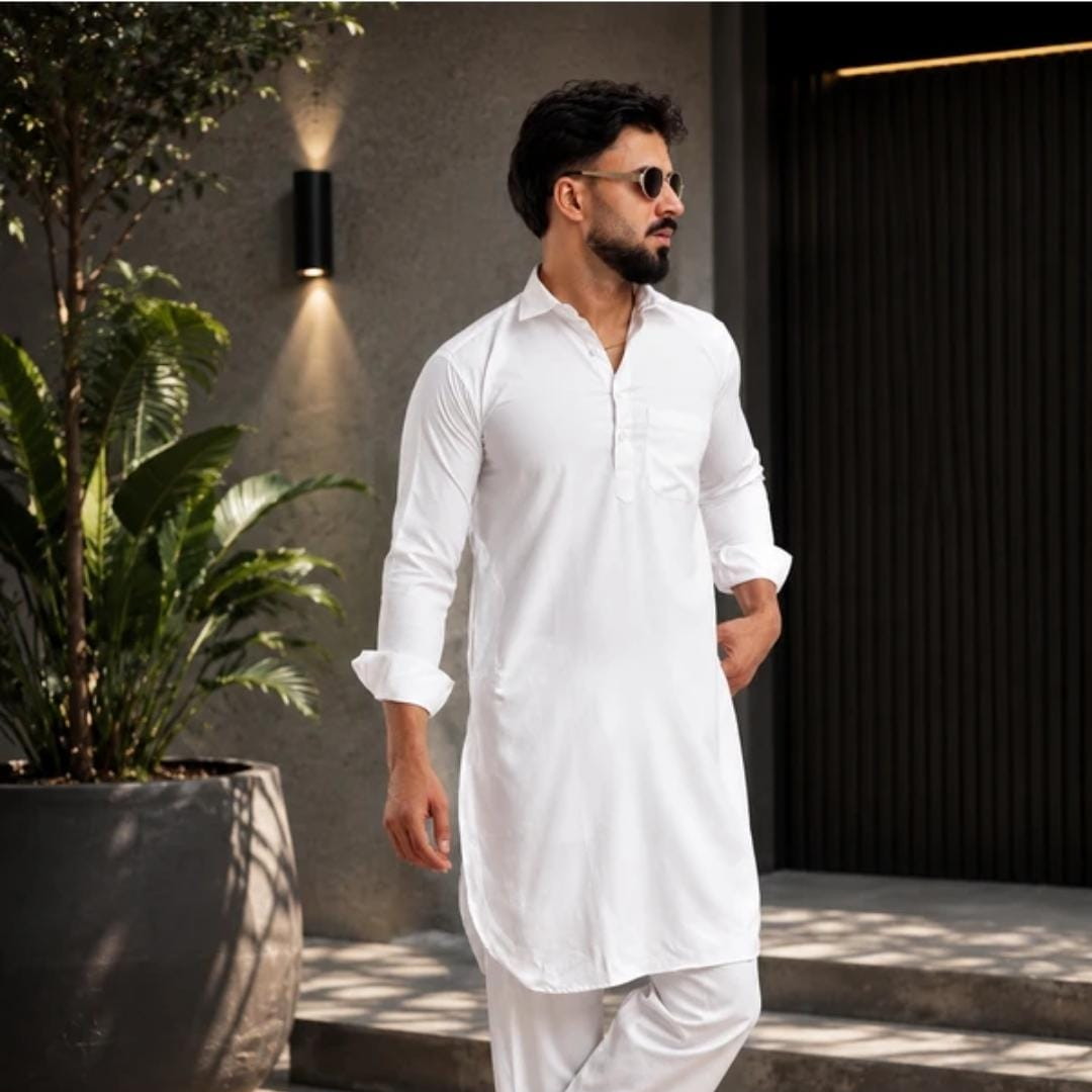 Men’s White Solid Straight Kurta with Matching Pajama