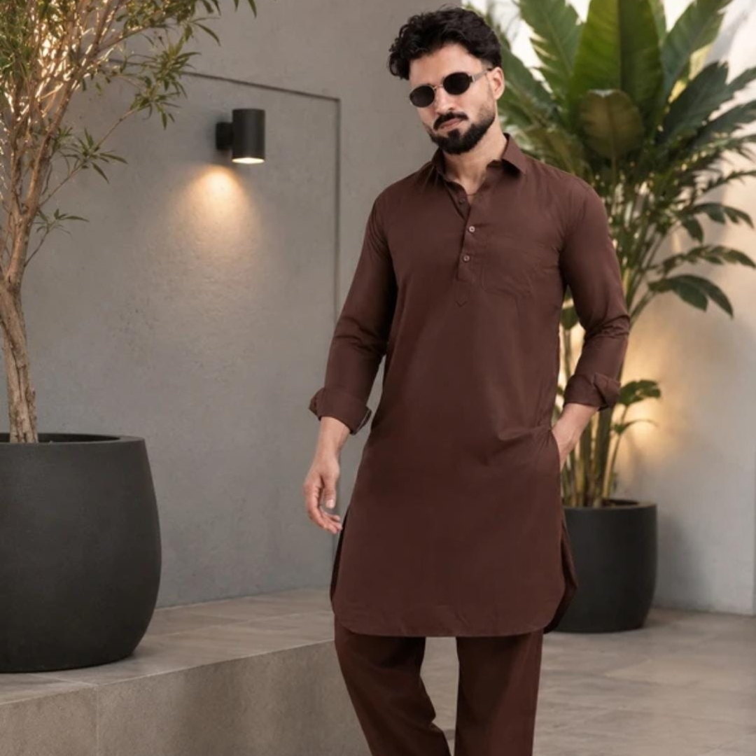 Men’s Solid Brown Kurta Pajama Set